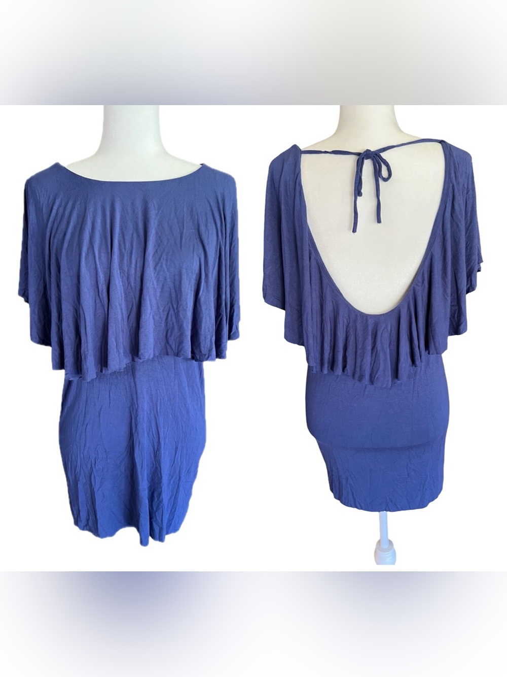 FREE PEOPLE x FP BEACH Blue Open Back Tie Jersey Mini Dress Cover Up Sz M Boho